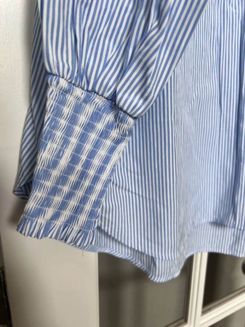 Blue & White Striped Smock Cuffed Boyfriend Shirt - Picture 3 of 5